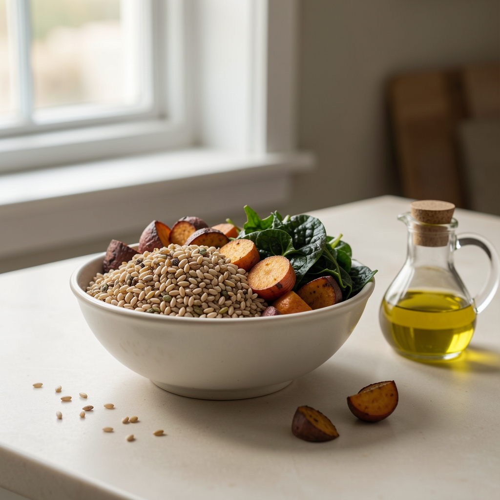 A bowl of mixed whole grains, roasted root vegetables, and dark leafy greens on a pale ceramic surface, a small pot of olive oil beside it, soft daylight from a kitchen window
